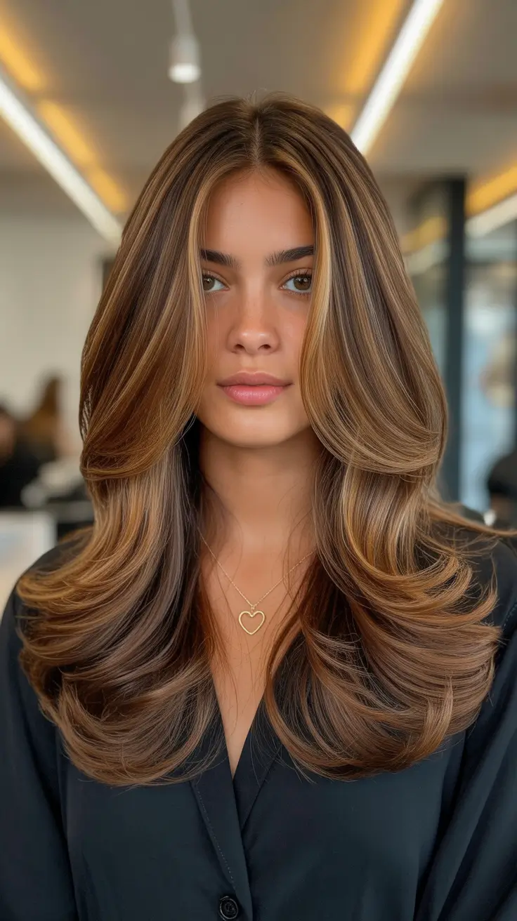 cores de cabelo castanho 2026 Honey Caramel Blowout