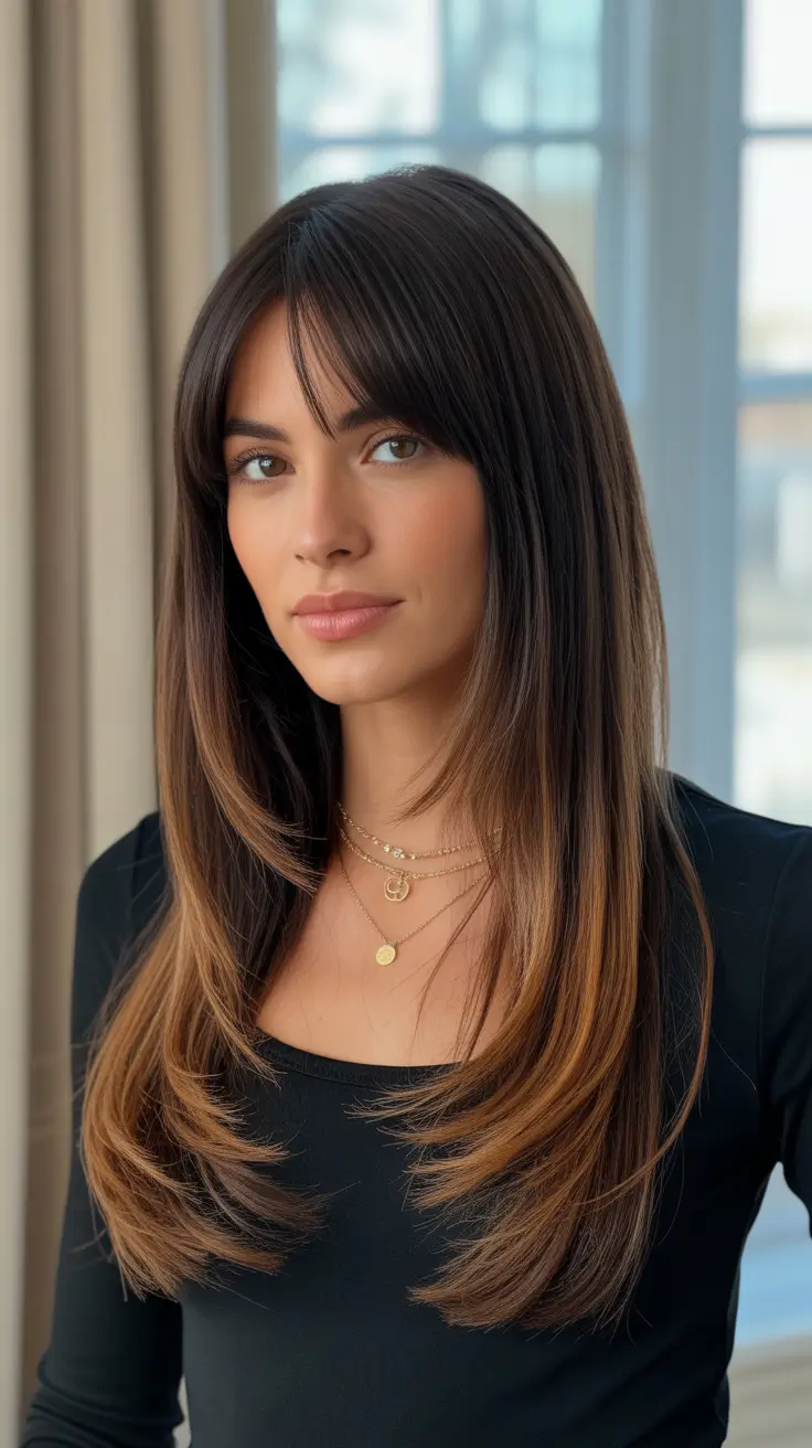 cores de cabelo castanho 2026 Chocolate derreter com franja