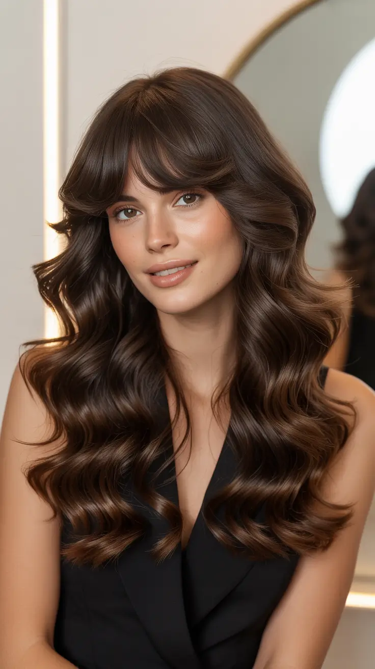 Cor de cabelo morena em tom frio 2026 Chocolate Latte Waves com fitas suaves de caramelo