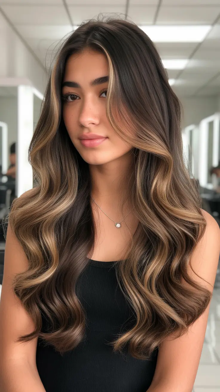 Cor de cabelo morena em tom frio 2026 Morena dimensional com reflexos louro-caramelo
