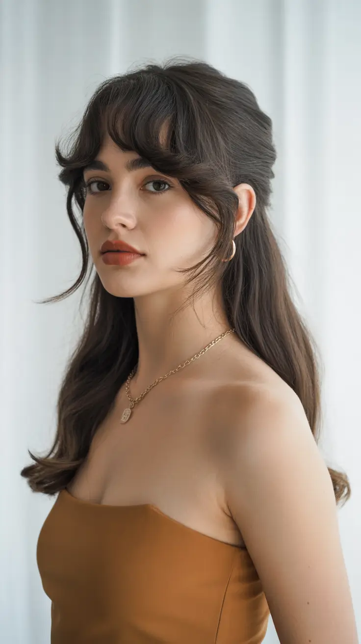 Idéias para cores de cabelo 2026 Castanho chocolate com franja francesa