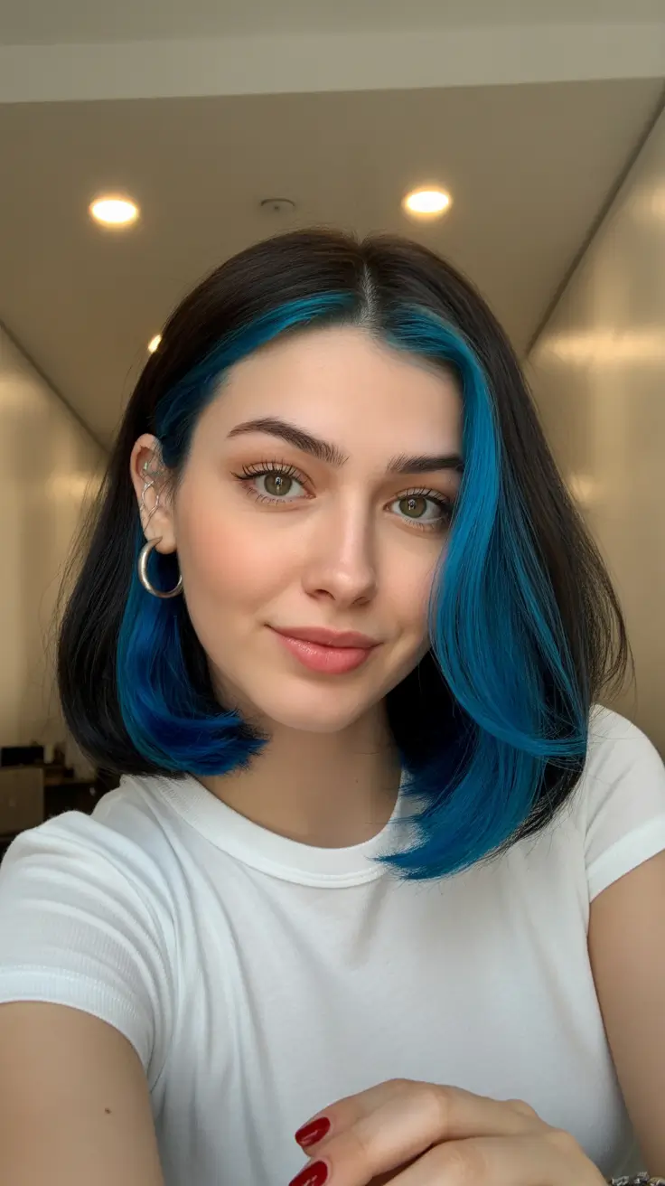 Idéias para cores de cabelo 2026 Midnight Blue Accent Bob