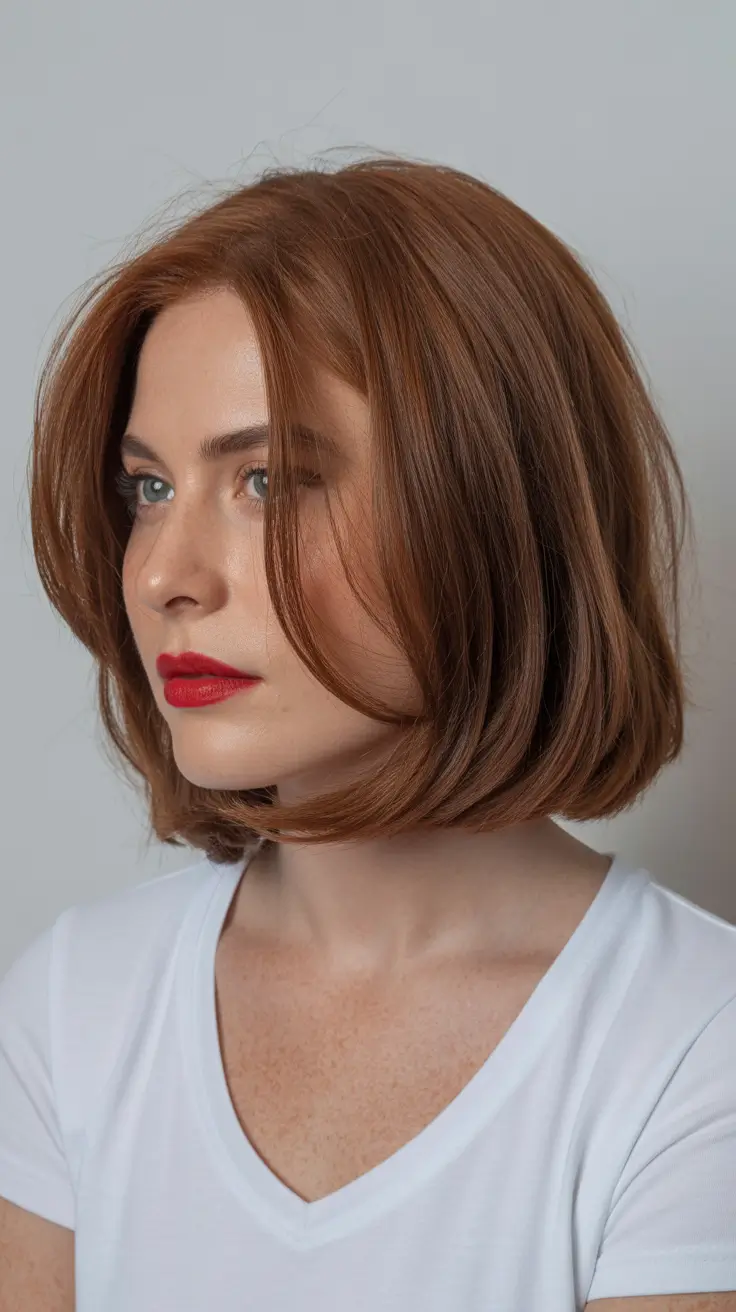 ideias de cores de cabelo para parecer mais jovem, curto Copper Bob com um toque moderno