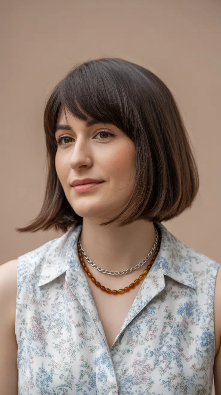 ideias de cores de cabelo para morenas parecerem mais jovens Chestnut Bob com franja arredondada
