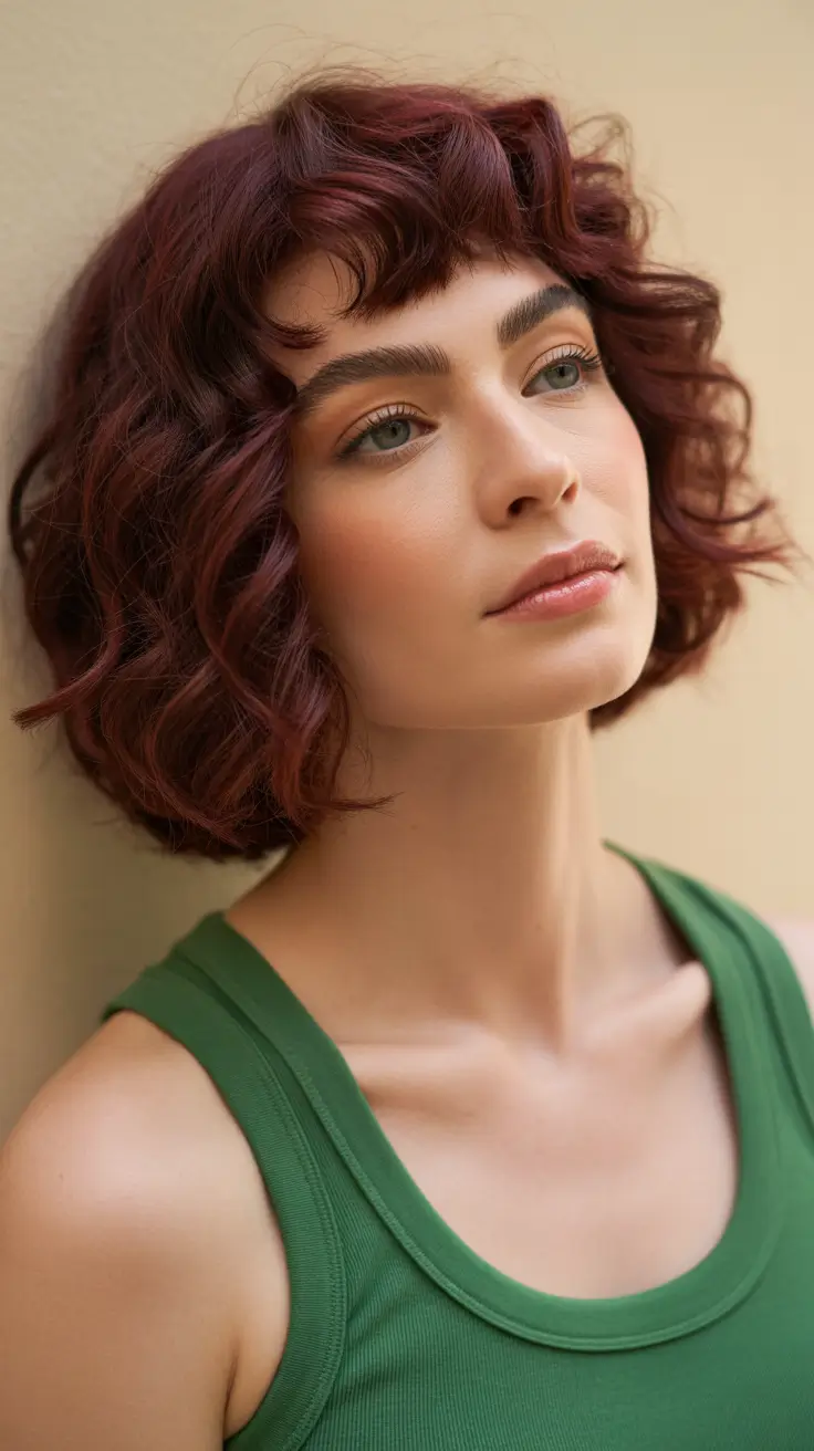 ideias de cores de cabelo para parecer mais jovem curto Wine-Red Curly Bob