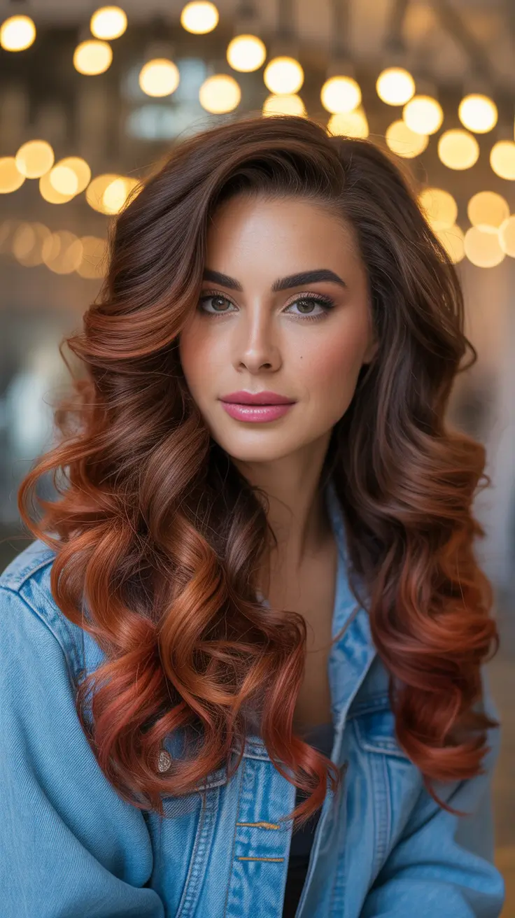 ideias de cores de cabelo que fazem você parecer mais jovem Balayage Chocolate-Cobre com Brilho