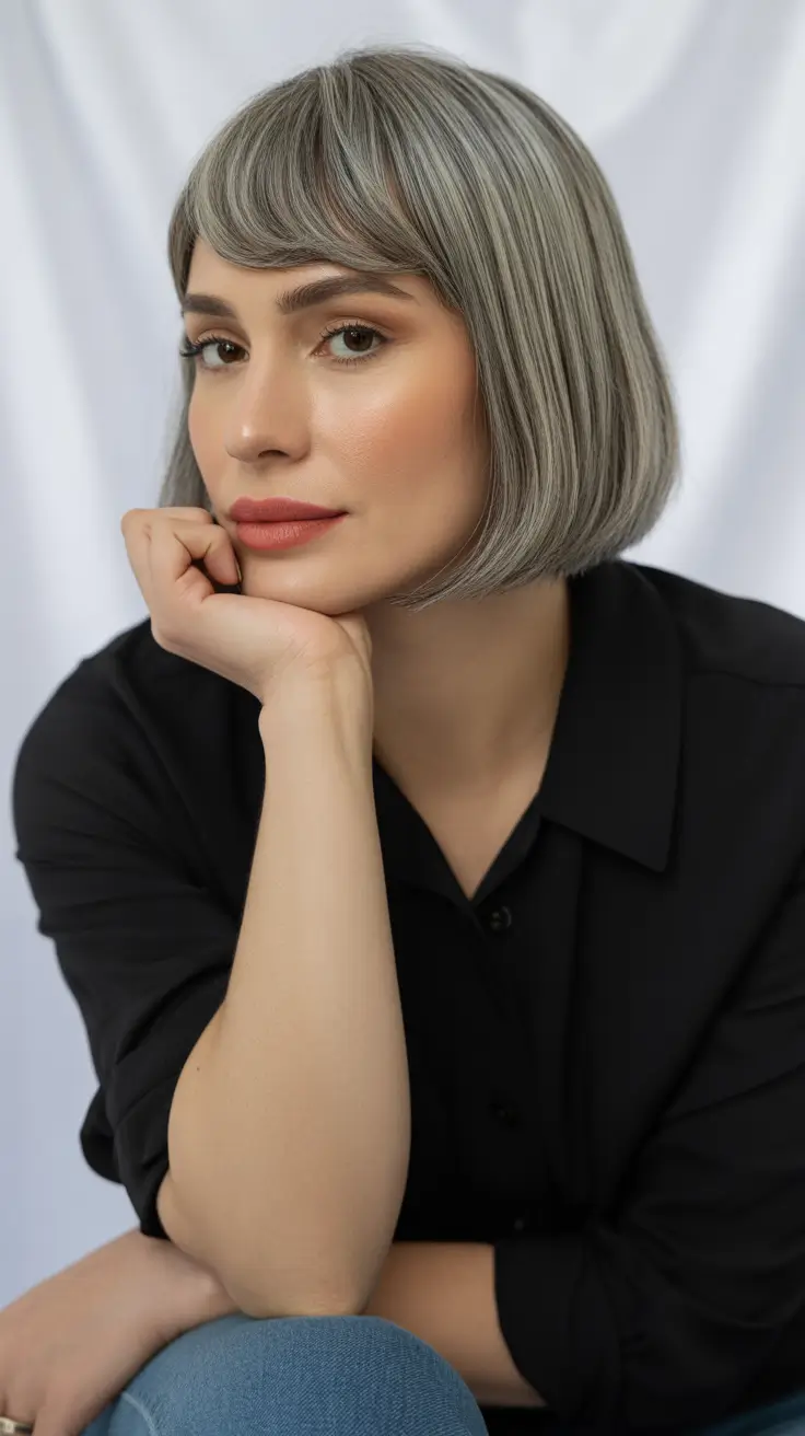 ideias de cores de cabelo para parecer mais jovem, curto Silver Mushroom Bob