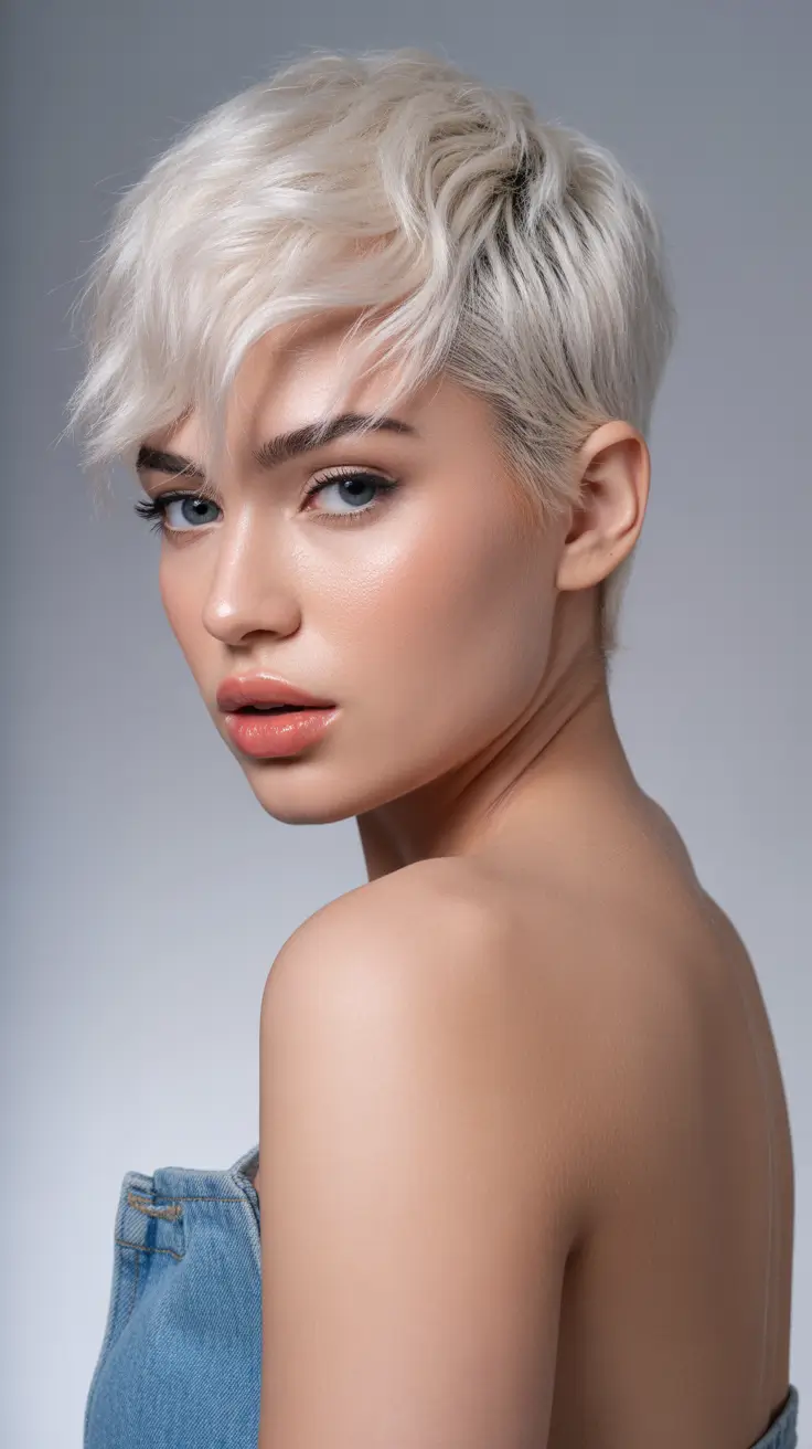 Cortes de cabelo bagunçados Pixie Icy Platinum Pixie com textura macia e varrida pelo vento
