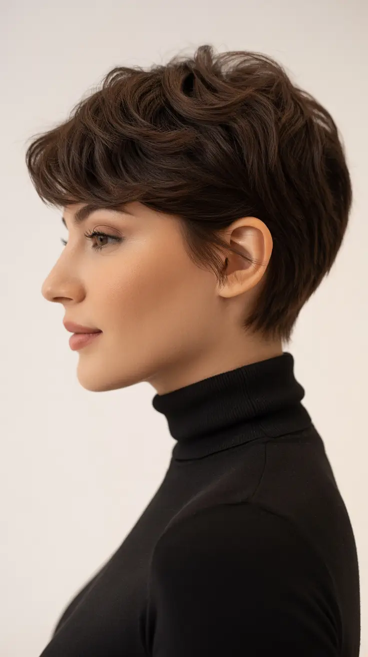 Cortes de cabelo bagunçados Pixie clássico de chocolate com movimento esculpido