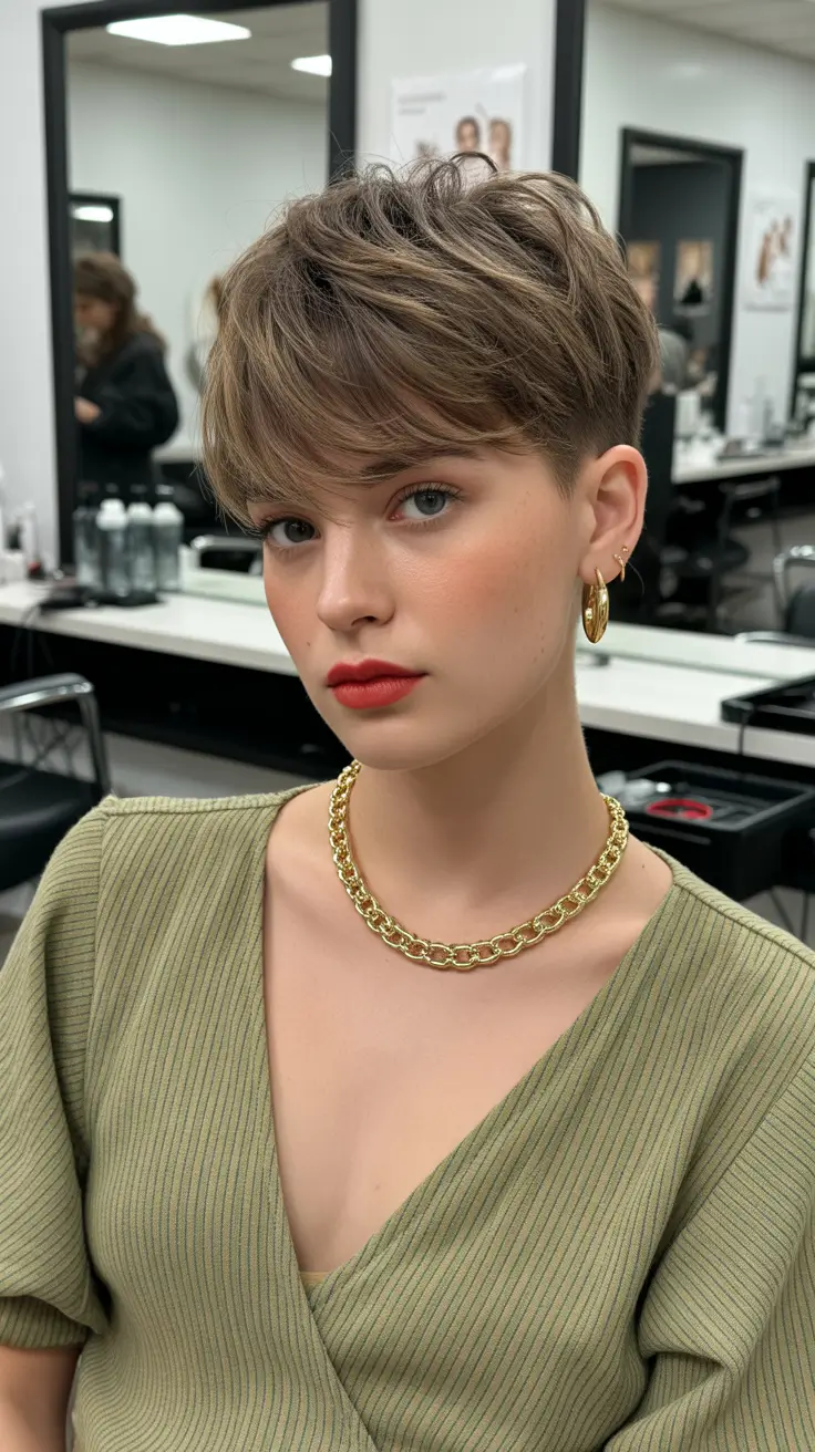 Cortes de cabelo bagunçados Pixie morena quente com franja emplumada