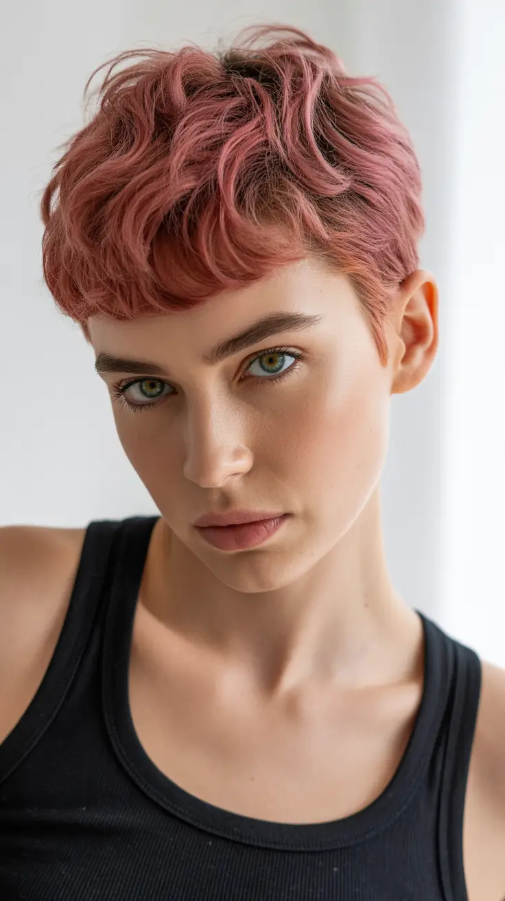 Cortes de cabelo bagunçados de duende Pixie texturizado rosado com camadas suaves e agitadas