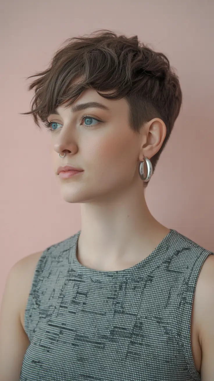 Cortes de cabelo bagunçados Pixie Pixie varrido lateralmente com definição suave de corte inferior