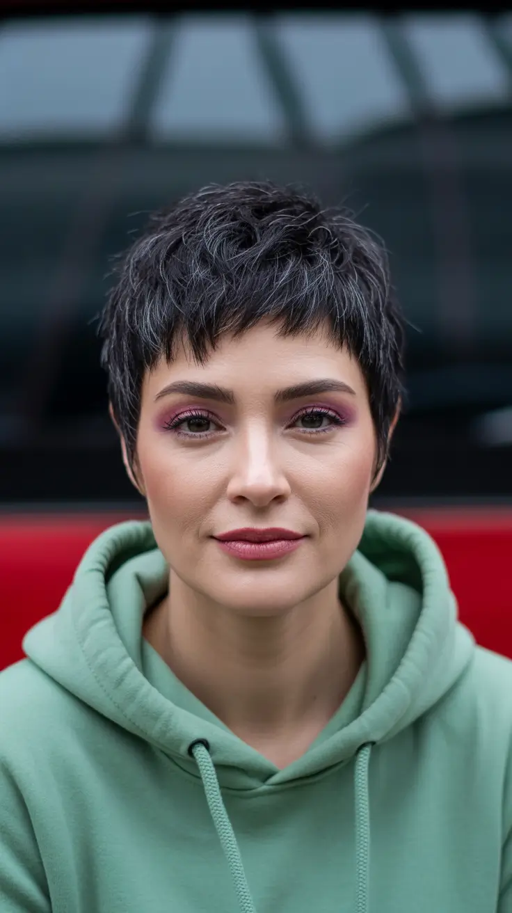 Cortes de cabelo bagunçados Pixie Pixie cinza texturizado com borda moderna