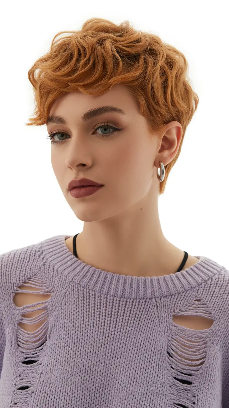 Cortes de cabelo bagunçados Pixie Pixie de cobre quente com textura suave e enrolada