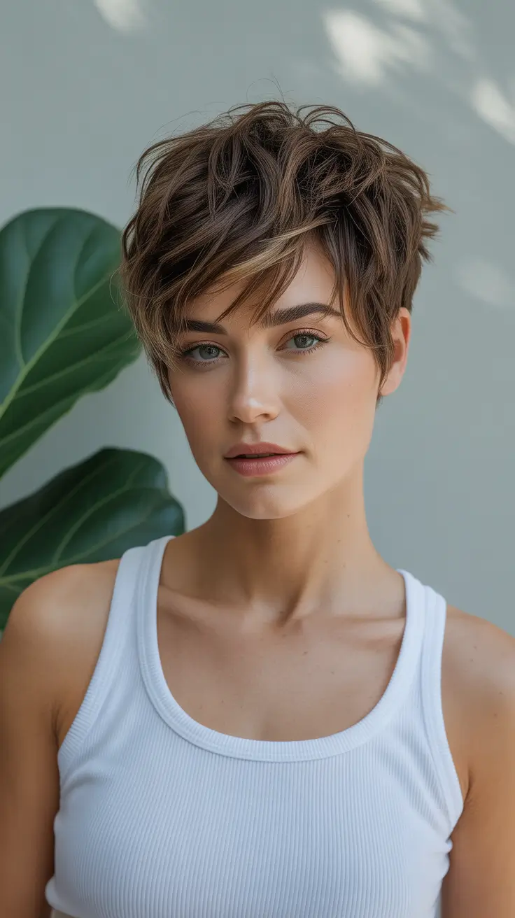 Cortes de cabelo bagunçados Pixie morena volumizada com destaques na moldura do rosto