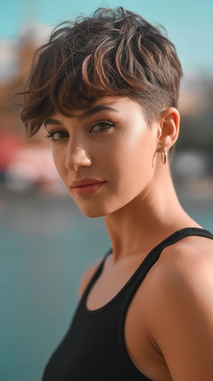 Cortes de cabelo bagunçado Pixie ousado Undercut Pixie com textura iluminada pelo sol