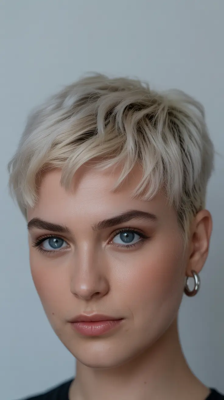 penteados curtos com franja Platinum Pixie com textura emplumada