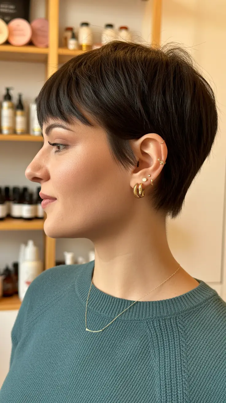 penteados curtos para mulheres com mais de 50 anos Modern Pixie com Baby Bangs