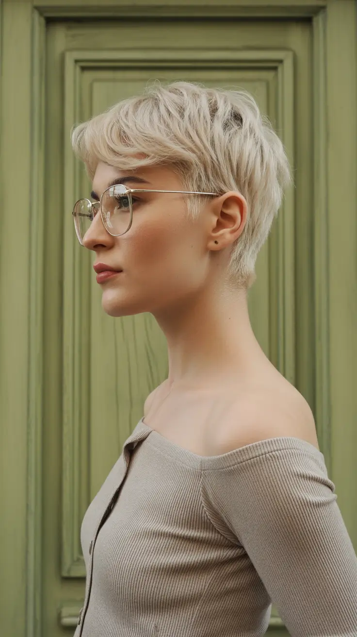 penteados curtos para rostos redondos Platinum Textured Pixie com bordas cônicas