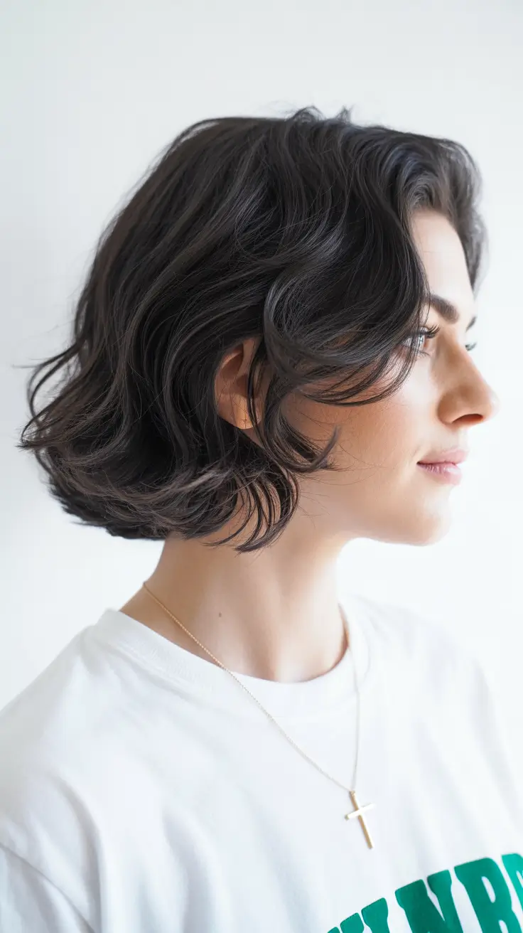 penteados curtos femininos Wavy Bob com volume lateral