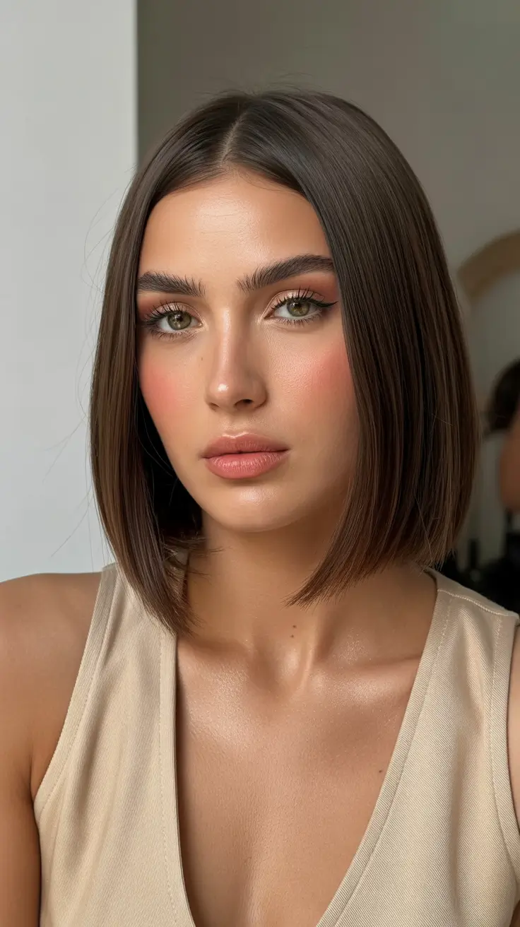 penteados curtos para mulheres com mais de 50 anos Sleek Blunt Bob com parte central