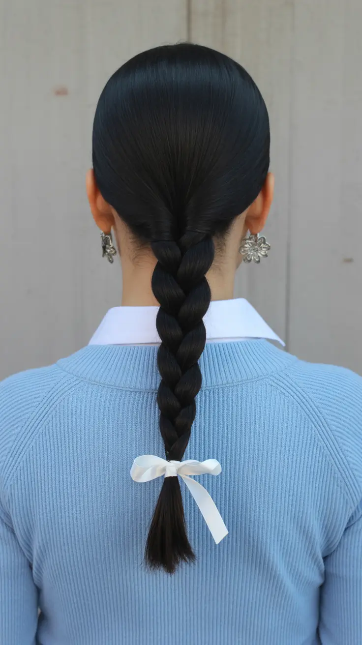 Penteados trançados fáceis 2026 Sleek Ribboned Pony Braid