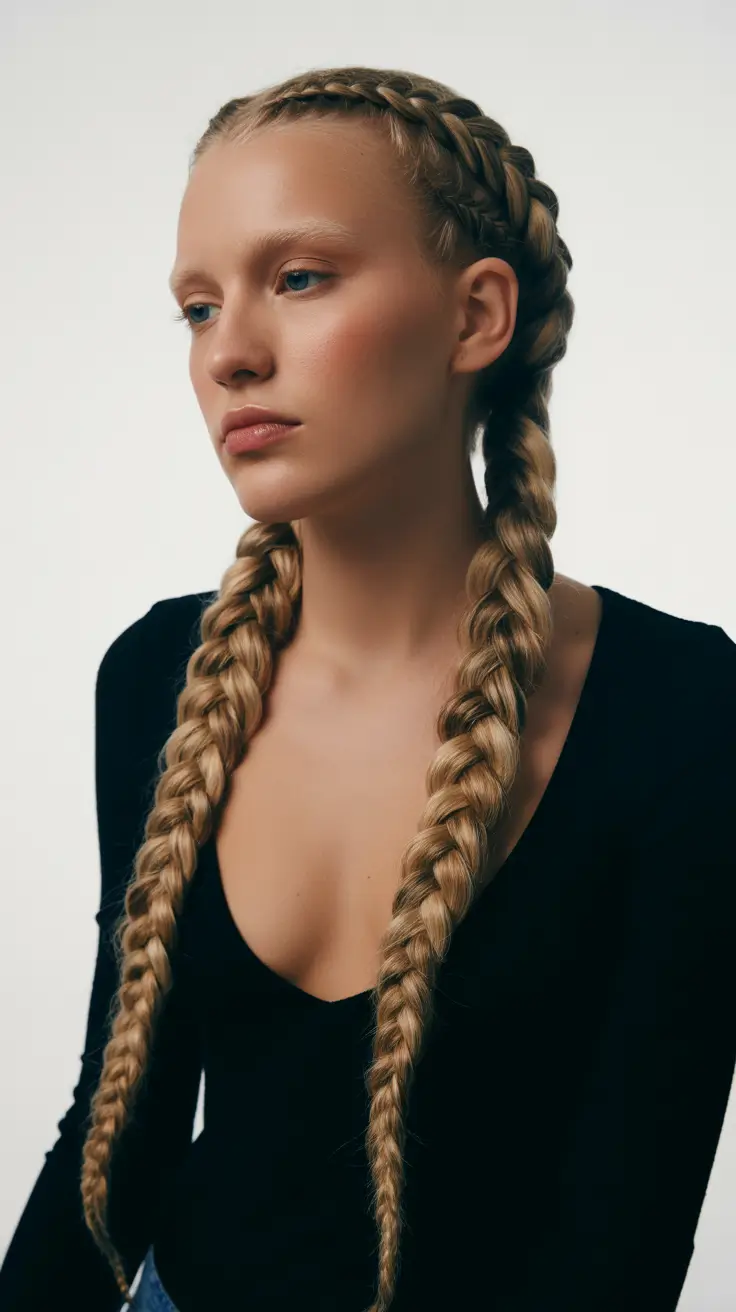 Penteados trançados fáceis 2026 Classic Dutch Twin Braids