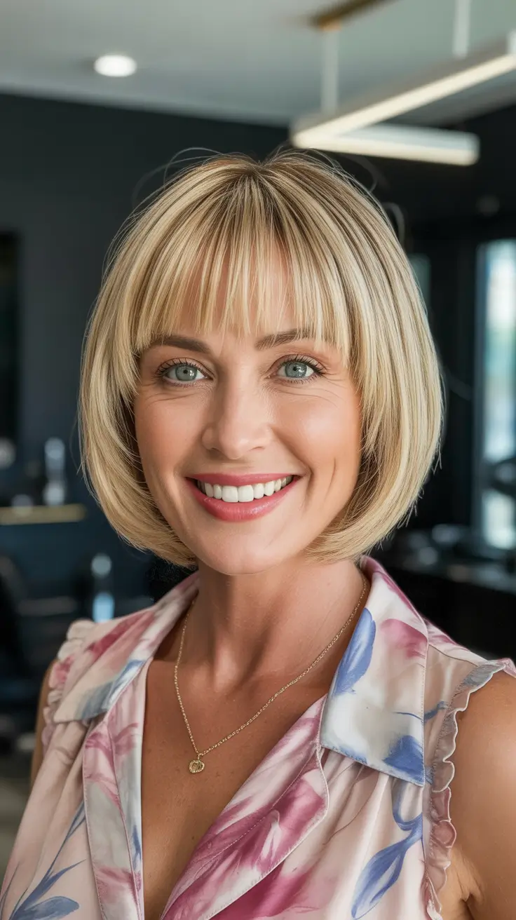 Cortes de cabelo curtos para mulheres acima de 50 anos 2026 Soft Blonde Classic Bob com franja