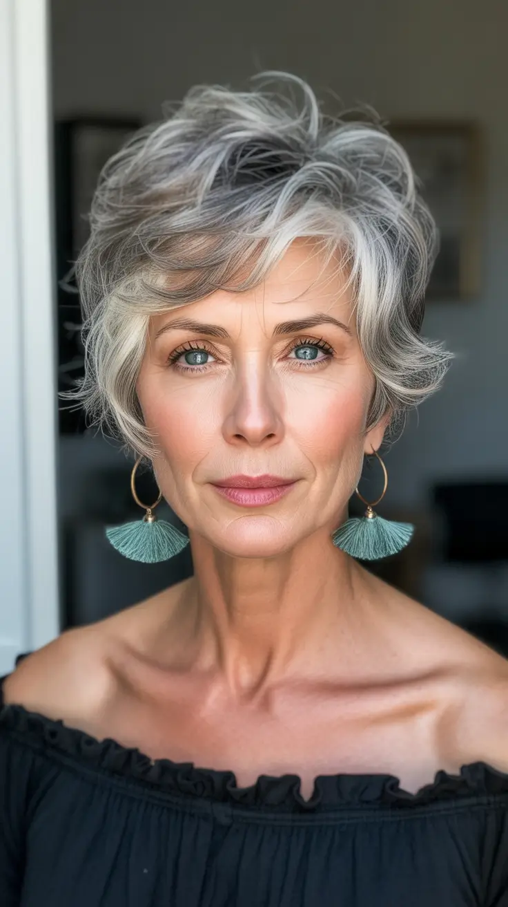 Cortes de cabelo curtos para mulheres acima de 50 anos 2026 Texturizado Silver Short Shag
