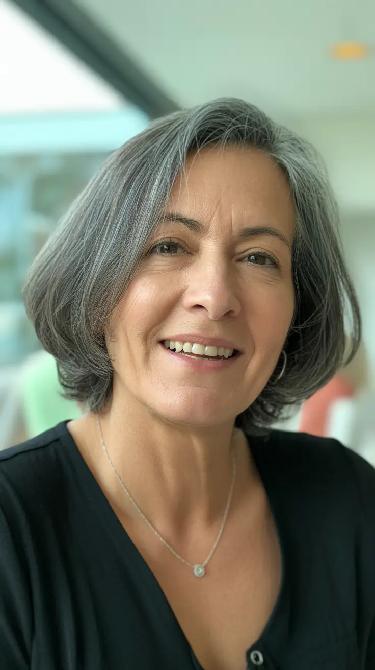 Cortes de cabelo curtos para mulheres com mais de 50 anos 2026 Bob cinza gracioso na altura do queixo