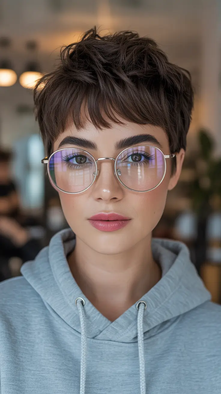 penteados curtos primavera 2026 Pixie marrom-café texturizado com óculos redondos