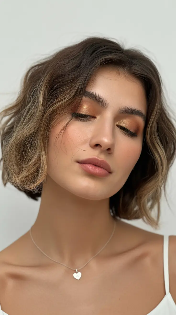 penteados curtos de primavera 2026 Soft Wavy Bob com Golden Balayage Glow