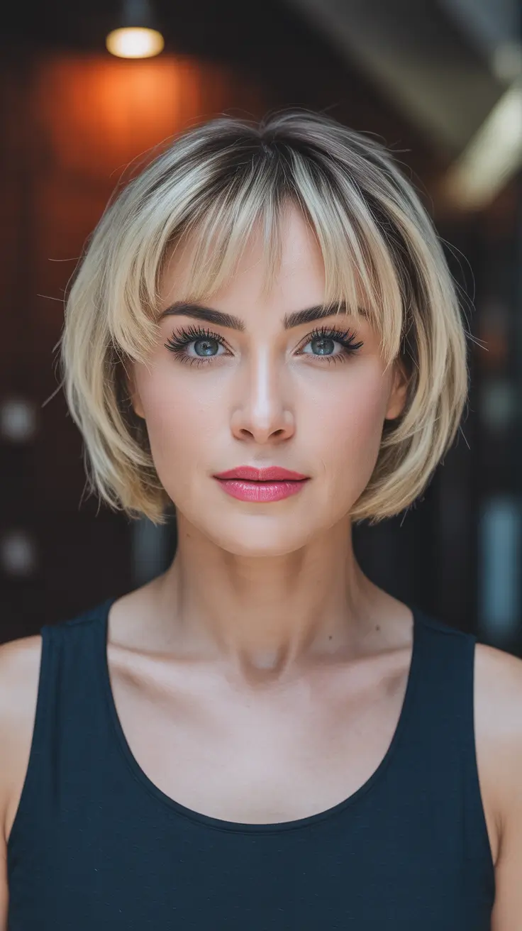 penteados curtos de primavera 2026 Bob loiro emplumado com cortina franja brilho