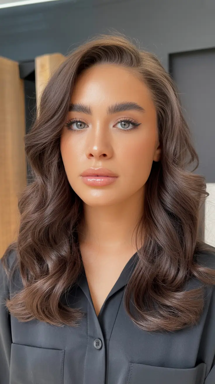 cor de cabelo morena primavera 2026 Ondas de chocolate polidas com um tom sutil e fresco