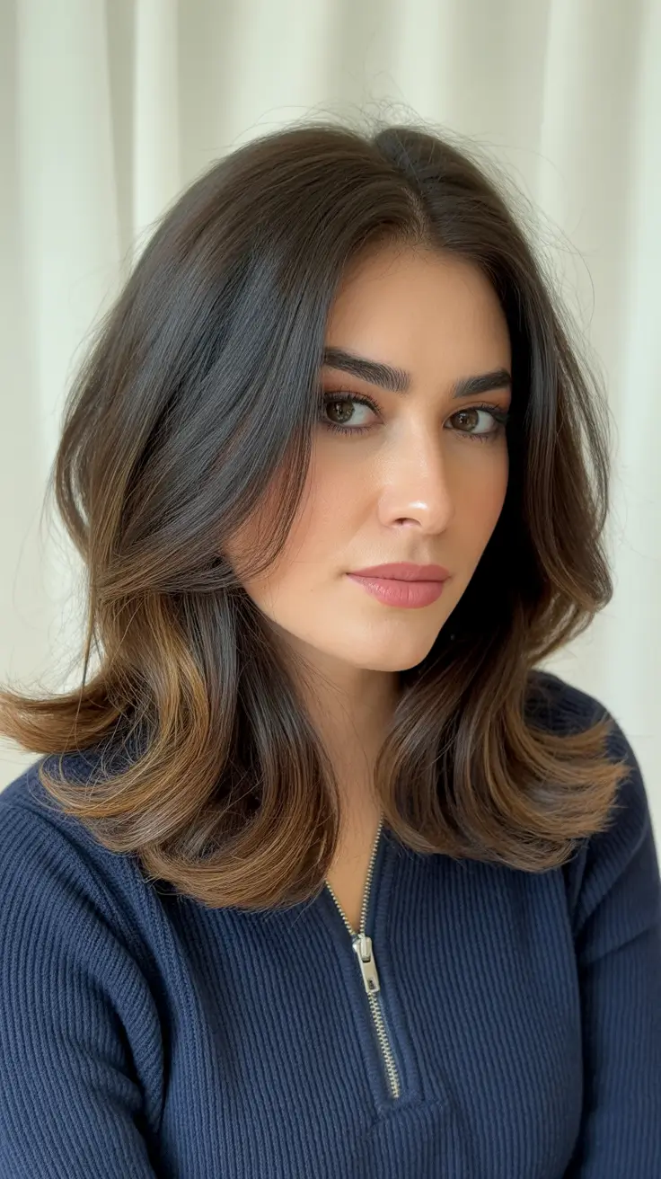 cor de cabelo morena primavera 2026 Moldura facial Morena quente com pontas suaves balayage