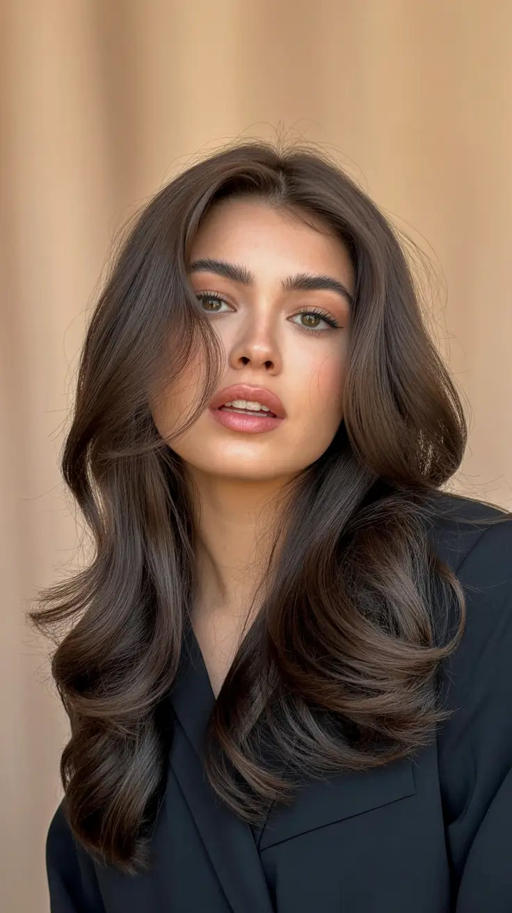 cor de cabelo morena primavera 2026 Luxe Long Brunette com movimento natural de primavera