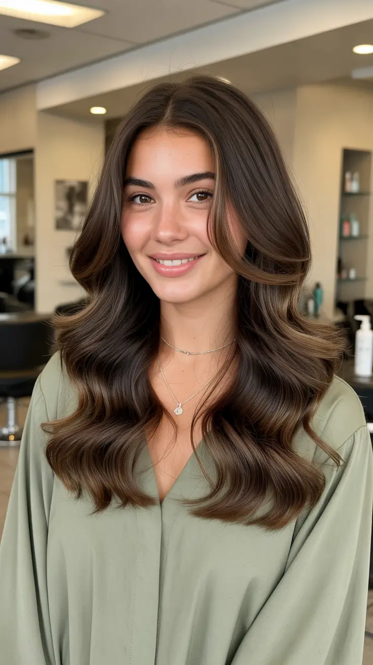 cor de cabelo morena primavera 2026 Ondas de chocolate com volume suave e pronto para a primavera