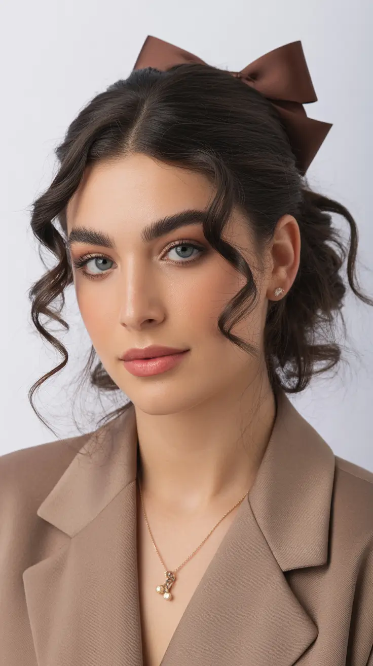 cor de cabelo morena primavera 2026 Updo romântico com cachos morenos suaves e detalhes de fita