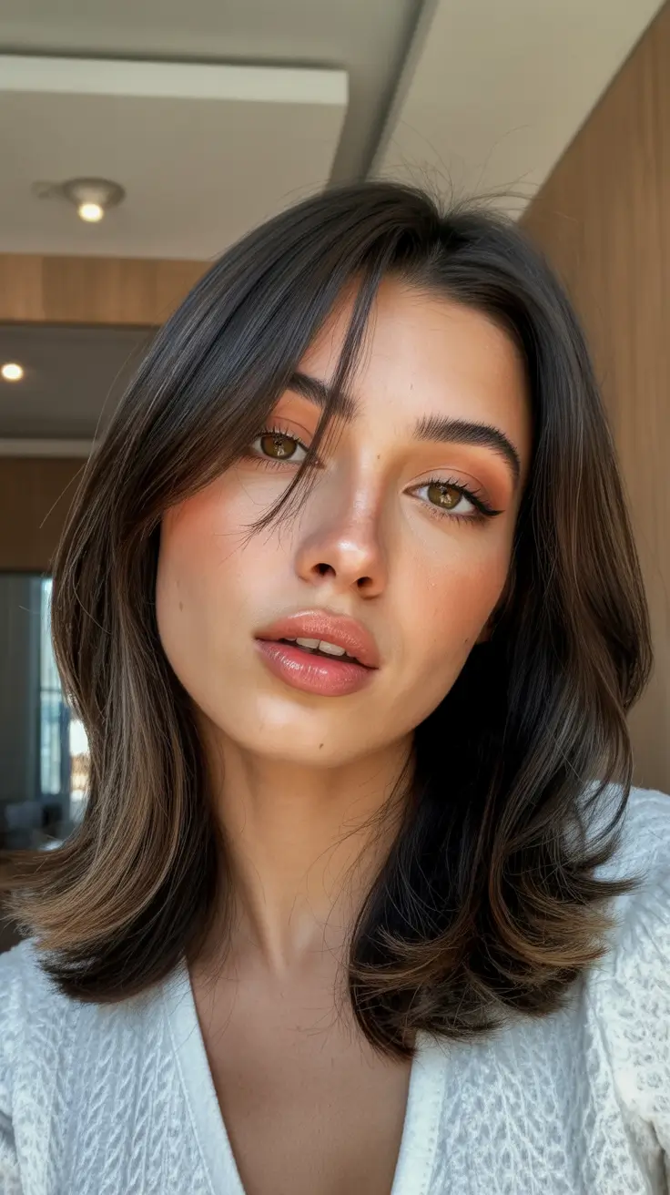 cor de cabelo morena primavera 2026 morena brilhante na altura dos ombros com movimentos suaves