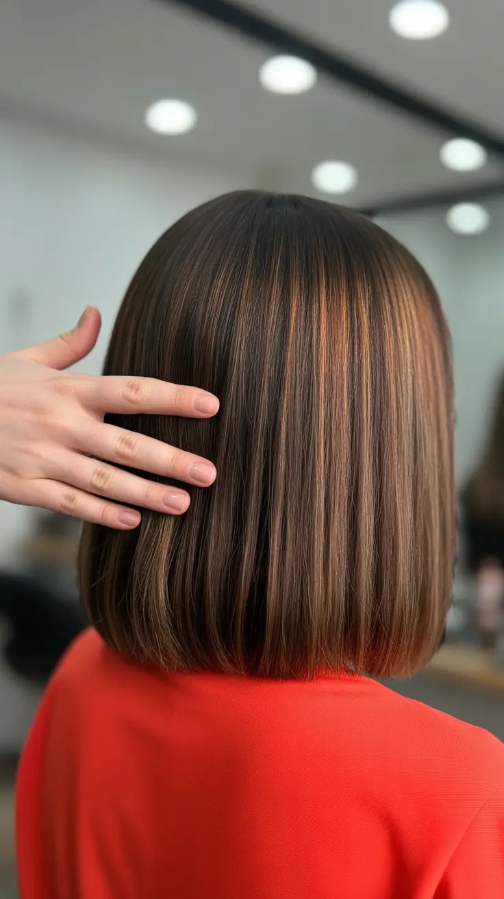 ideias modernas de cores de cabelo balayage de primavera 2026 Sleek Brunette Caramel Highlights