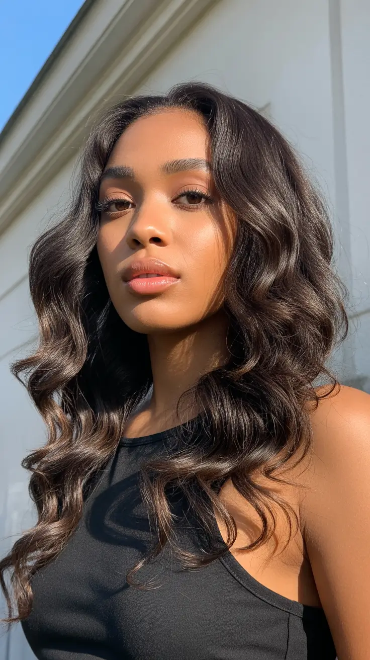 cor de cabelo primavera para pele escura 2026 Morena Quente Ondas Iluminadas pelo Sol