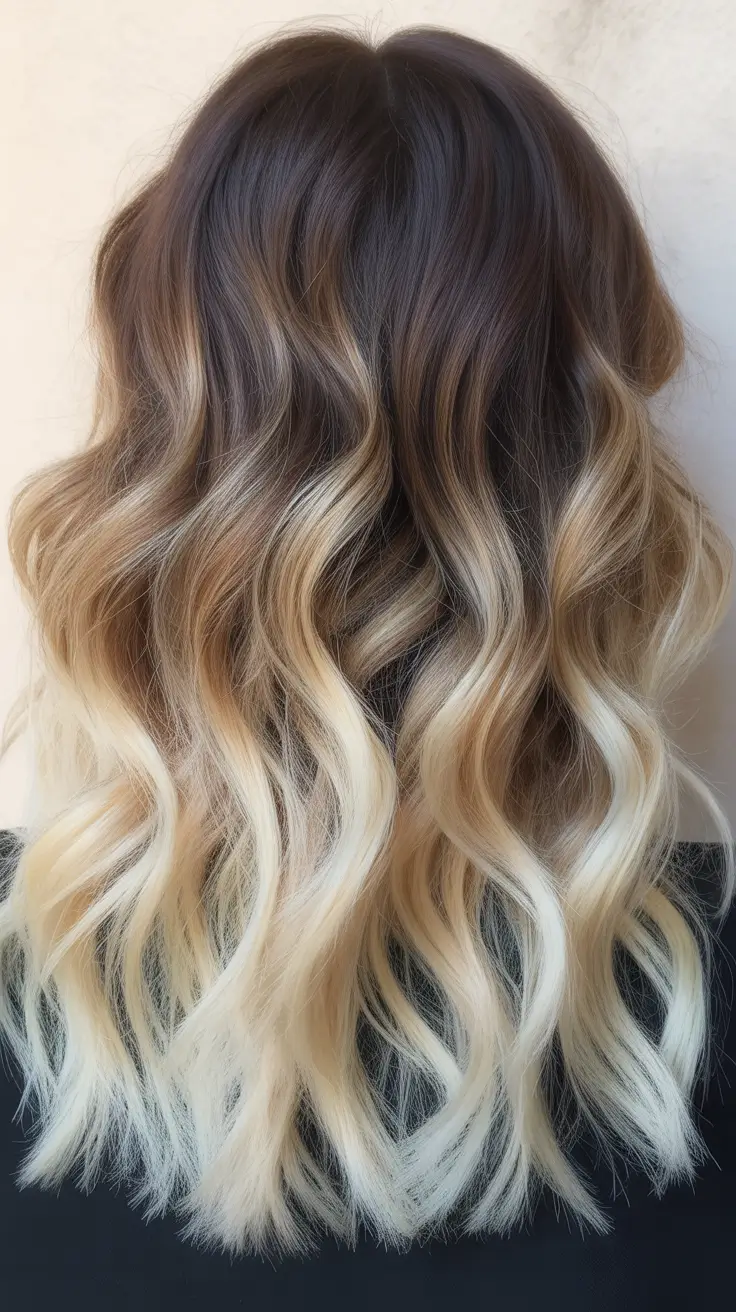 cor de cabelo ombre de primavera natural 2026 Ombre loiro de alto contraste com movimento suave