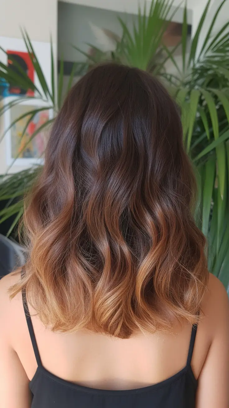 cor de cabelo ombre de primavera natural 2026 Ombre caramelo quente com ondas relaxadas