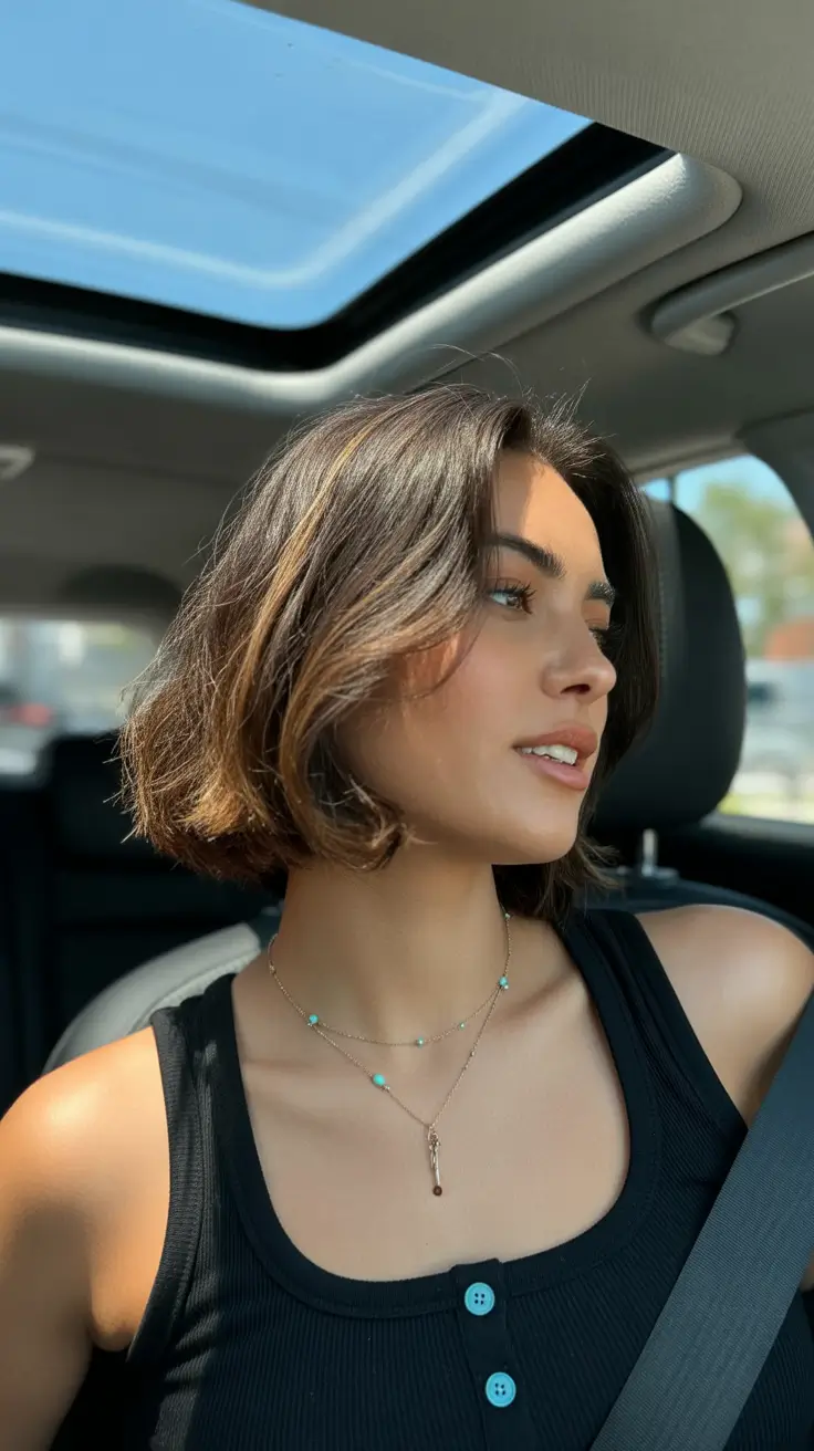 cor de cabelo castanho primavera 2026 Mini-Bob texturizado com calor de primavera iluminado pelo sol