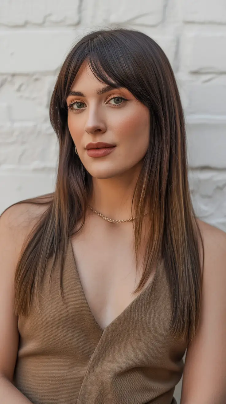 cor de cabelo castanho primavera 2026 Camadas morenas sedosas com franja macia de primavera