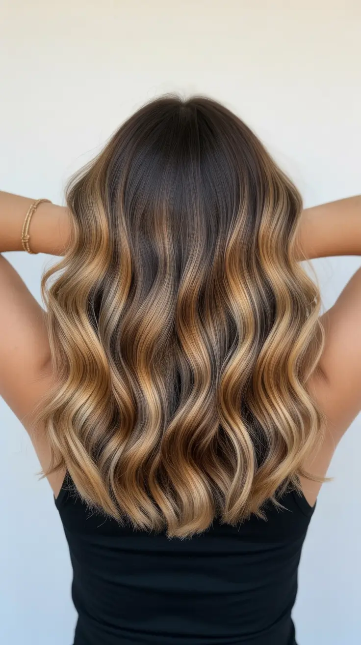 cor de cabelo castanho primavera 2026 Ondas de fita marrom-dourada com fluxo brilhante de primavera