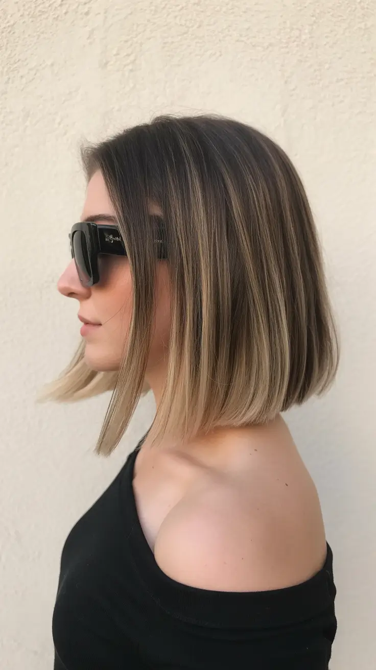 cor de cabelo castanho primavera 2026 Clean Straight Blunt Bob com Soft Spring Brown Blending