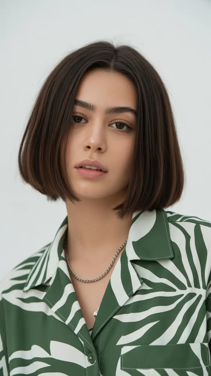 tendências de cores de cabelo da primavera 2026 Dark Espresso Bob com bordas limpas
