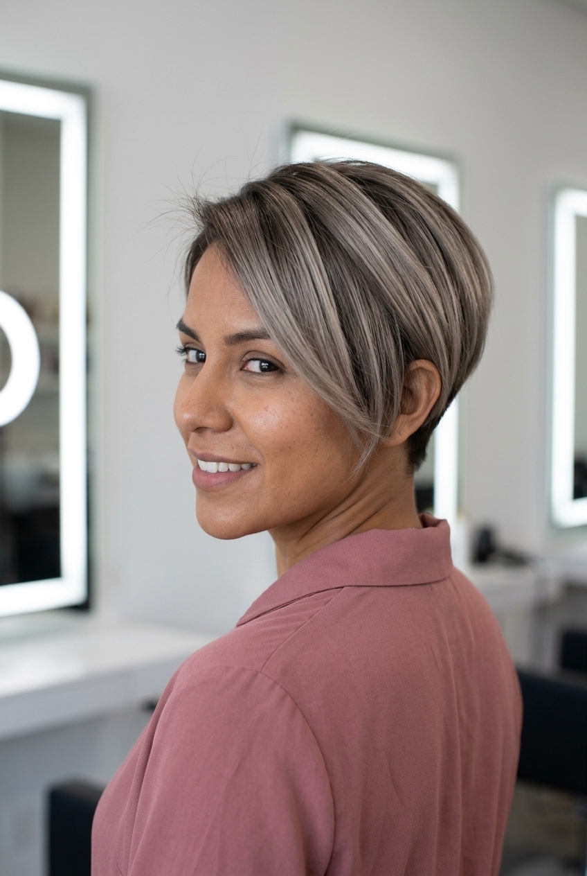 Cabelo elegante e derretido com nozes defumadas 2026 ombre curto de marrom acinzentado a loiro cogumelo com tons frios, manchas de raiz - ousado e sofisticado