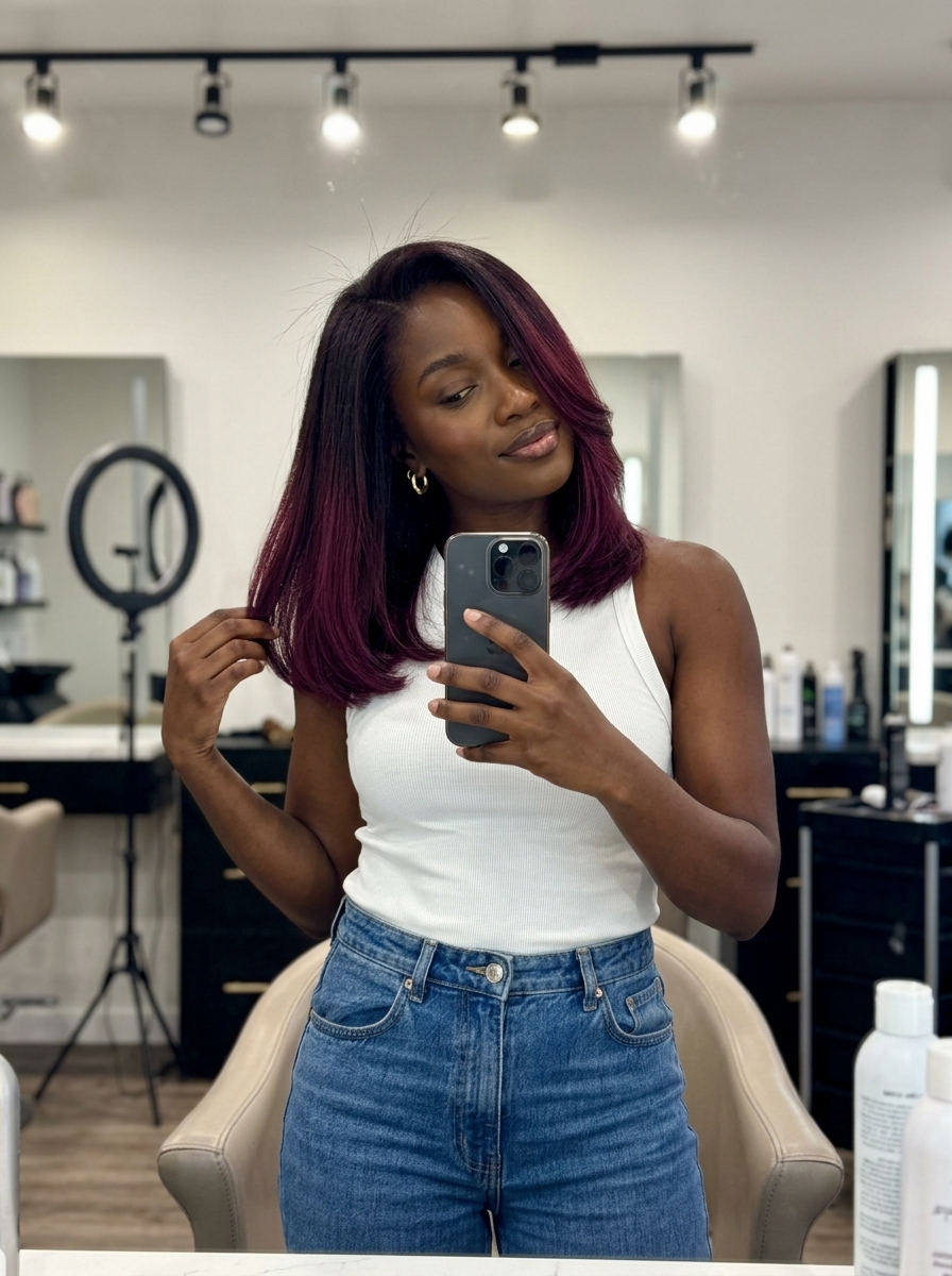 Misterioso cabelo preto cereja ameixa ombre 2026 ombre longo de cereja preta a ameixa escura com tons violetas frios, fusão difusa - encontro misterioso à noite